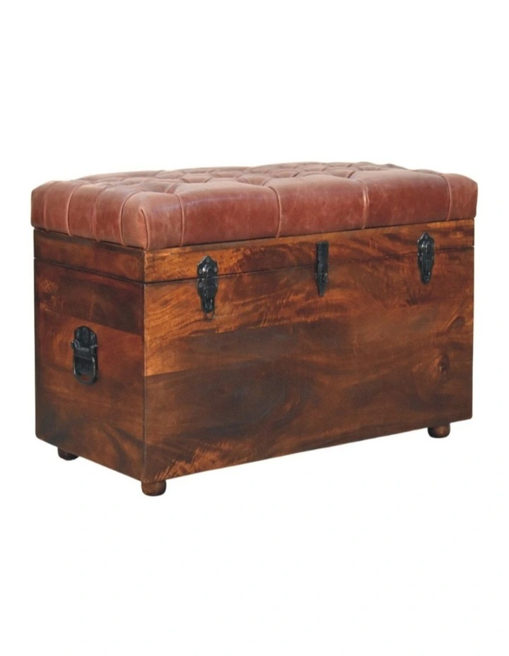Artisan Furniture Solid Wood Brown Buffalo hide leather Storage Trunk, Upholstered, Brown image 3