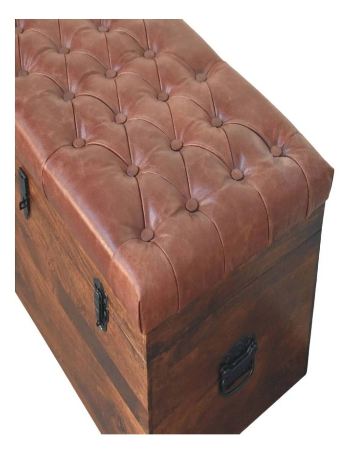 Artisan Furniture Solid Wood Brown Buffalo hide leather Storage Trunk, Upholstered, Brown image 4