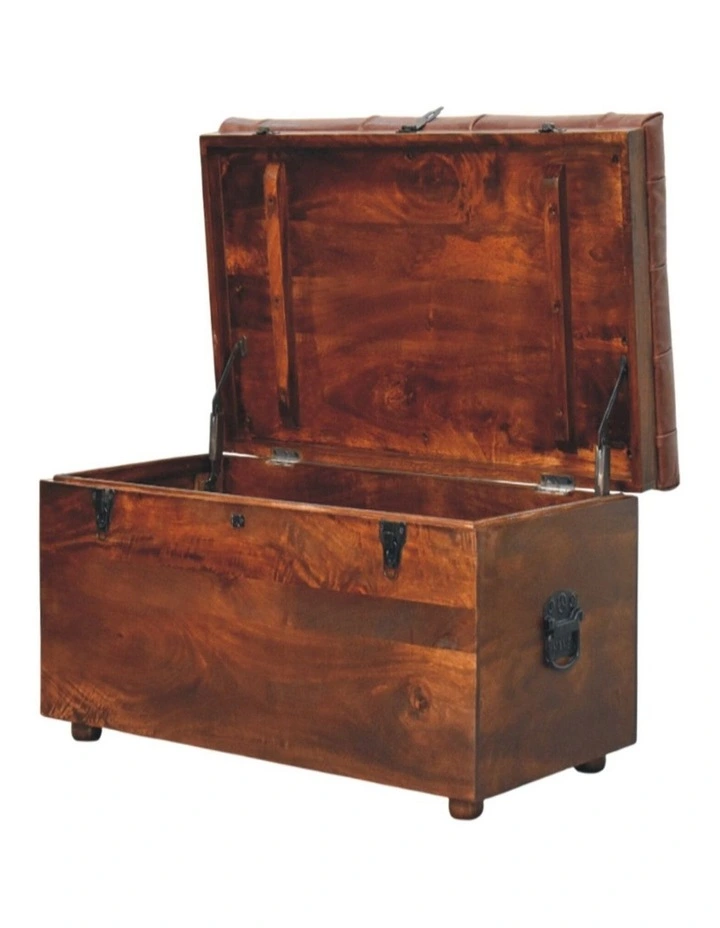 Artisan Furniture Solid Wood Brown Buffalo hide leather Storage Trunk, Upholstered, Brown image 5