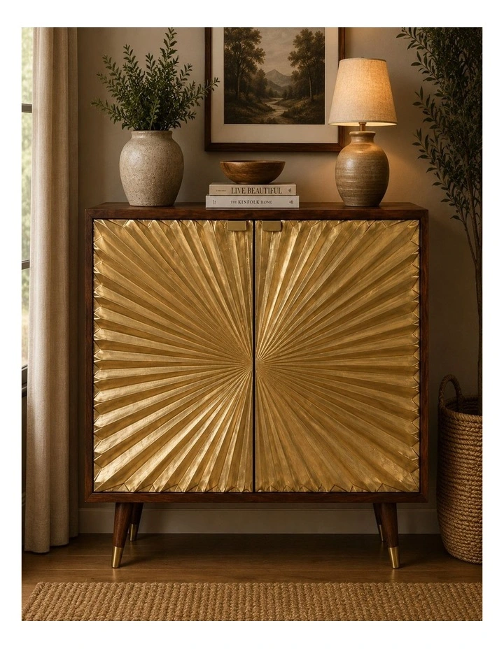 Artisan Furniture Solid Wood Manila Gold Cabinet, 2 Doors, Brown & Golden image 2