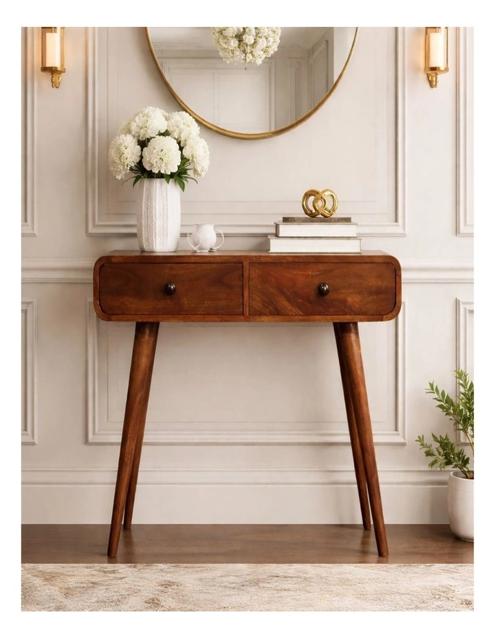 Artisan Furniture Solid Wood Curved Two Drawer Console Table, 2 Drawers, Brown image 2