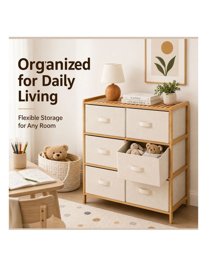 Living Today 6 Tier Bamboo Storage Cabinet with 6 Fabric Drawers Home Organiser image 4