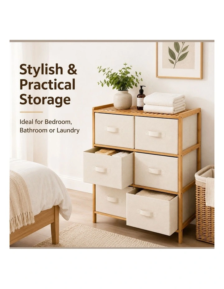 Living Today 6 Tier Bamboo Storage Cabinet with 6 Fabric Drawers Home Organiser image 5