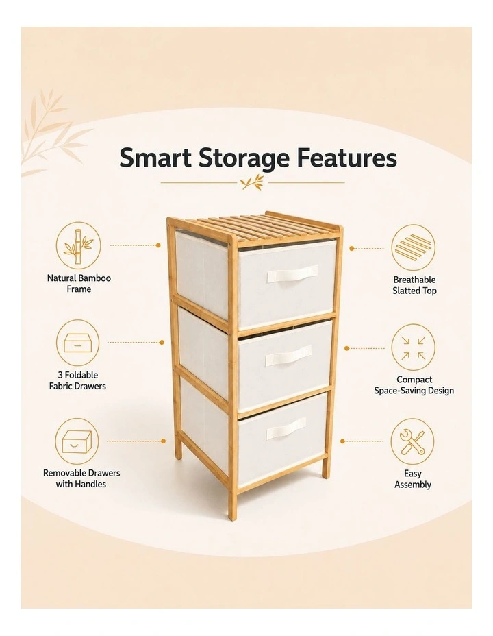3 Drawer Bamboo Storage Chest in Beige image 5