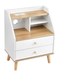 Artiss Bedside Table 2 Drawers Charging Station White and Pine