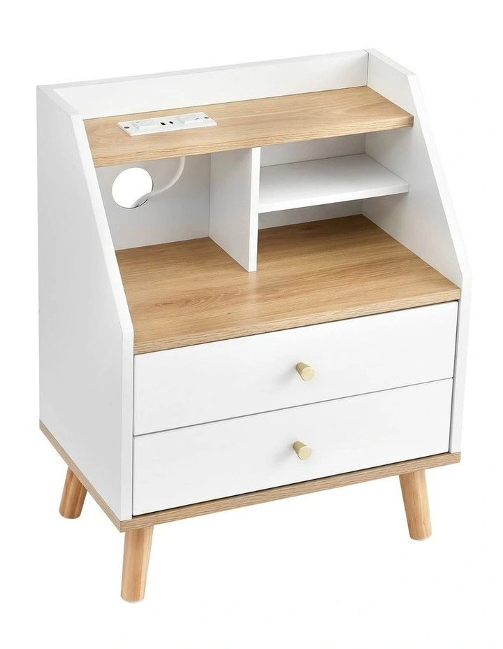 Artiss Bedside Table 2 Drawers Charging Station White and Pine image 1