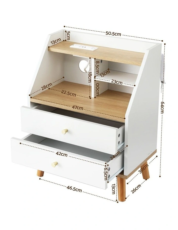 Artiss Bedside Table 2 Drawers Charging Station White and Pine image 2