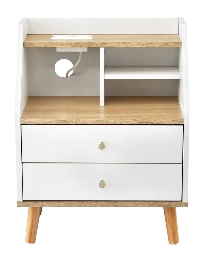 Artiss Bedside Table 2 Drawers Charging Station White and Pine image 3