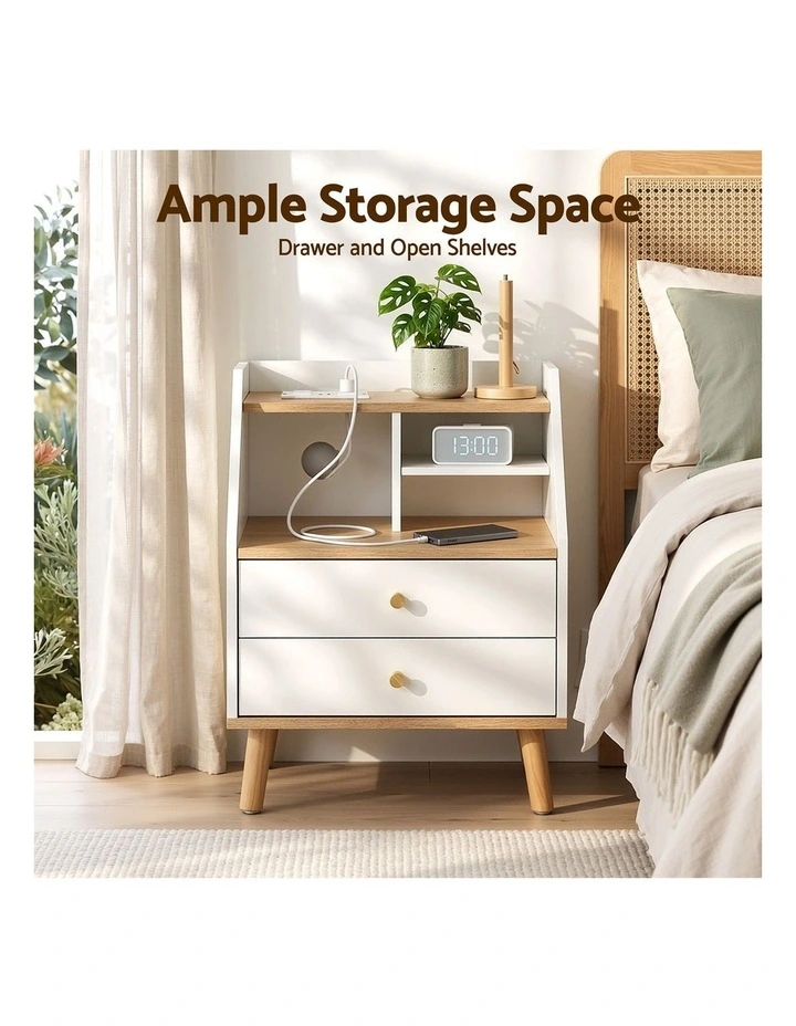 Artiss Bedside Table 2 Drawers Charging Station White and Pine image 4