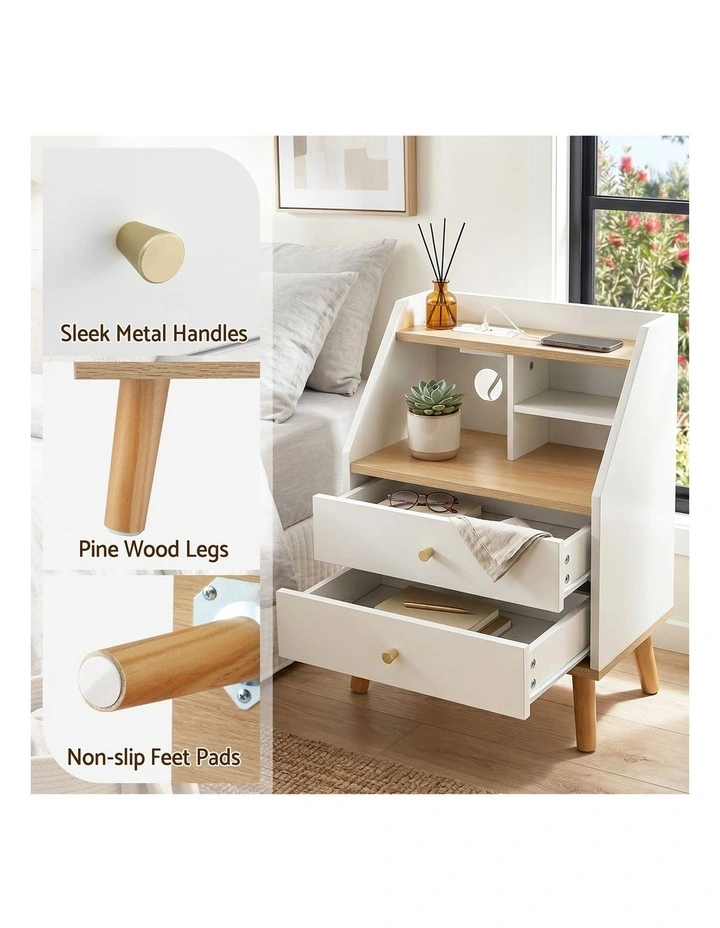Artiss Bedside Table 2 Drawers Charging Station White and Pine image 5