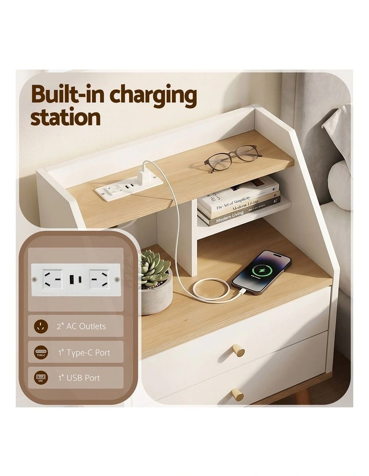 Artiss Bedside Table 2 Drawers Charging Station White and Pine image 7