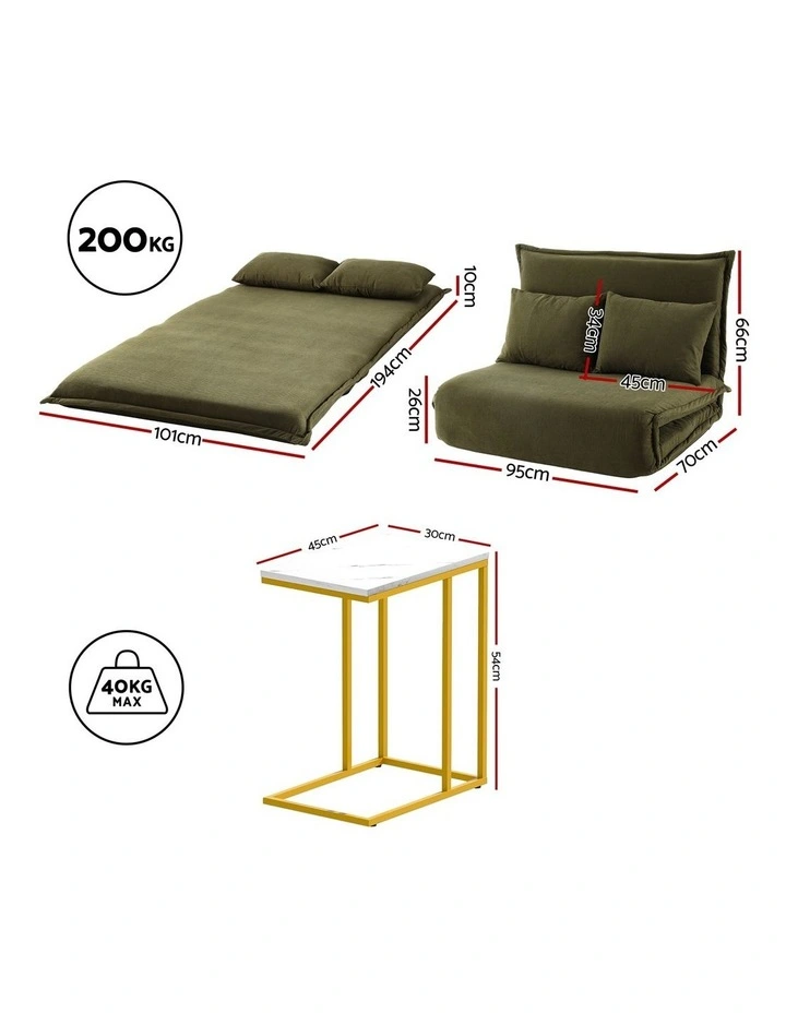 Artiss Floor Lounge Sofa Bed Folding Chaise Chair Green & Coffee Table Side Table Marble Effect image 2
