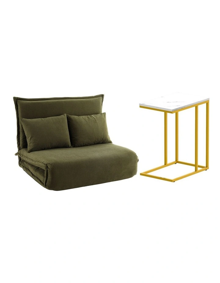 Artiss Floor Lounge Sofa Bed Folding Chaise Chair Green & Coffee Table Side Table Marble Effect image 3