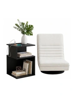Artiss Swivel Floor Chair and Bedside Table with Charging Station Set
