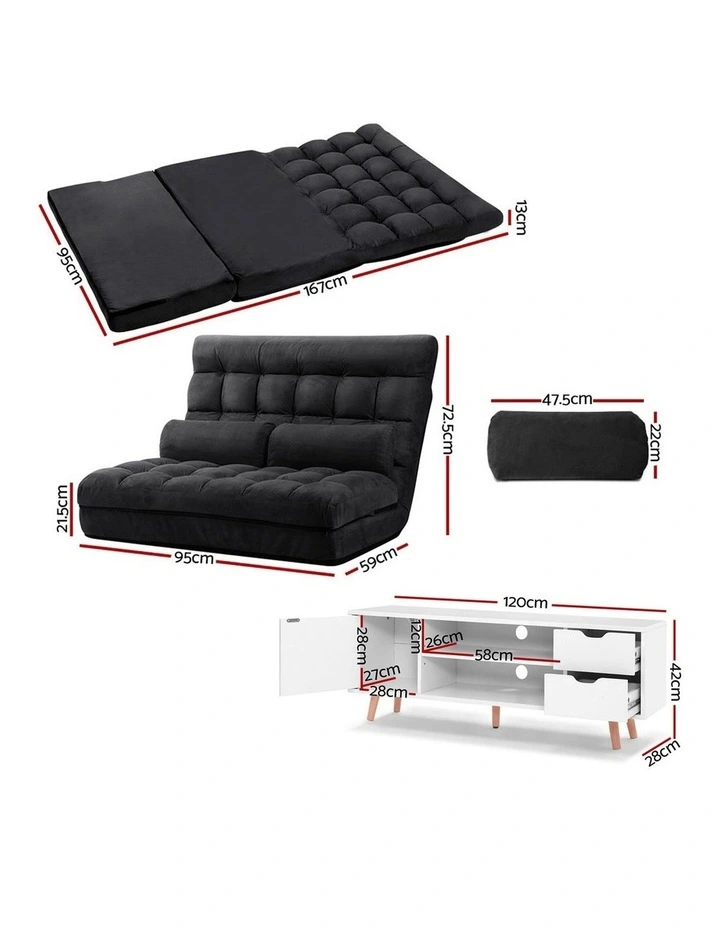 Artiss Sofa Bed Adjustable Floor Chair & TV Unit 120cm Entertainment Cabinet Set image 2