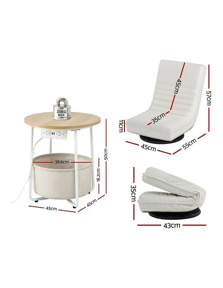 Artiss Floor Lounge & Round Coffee Table Side End Table with Charging Station Set image 2