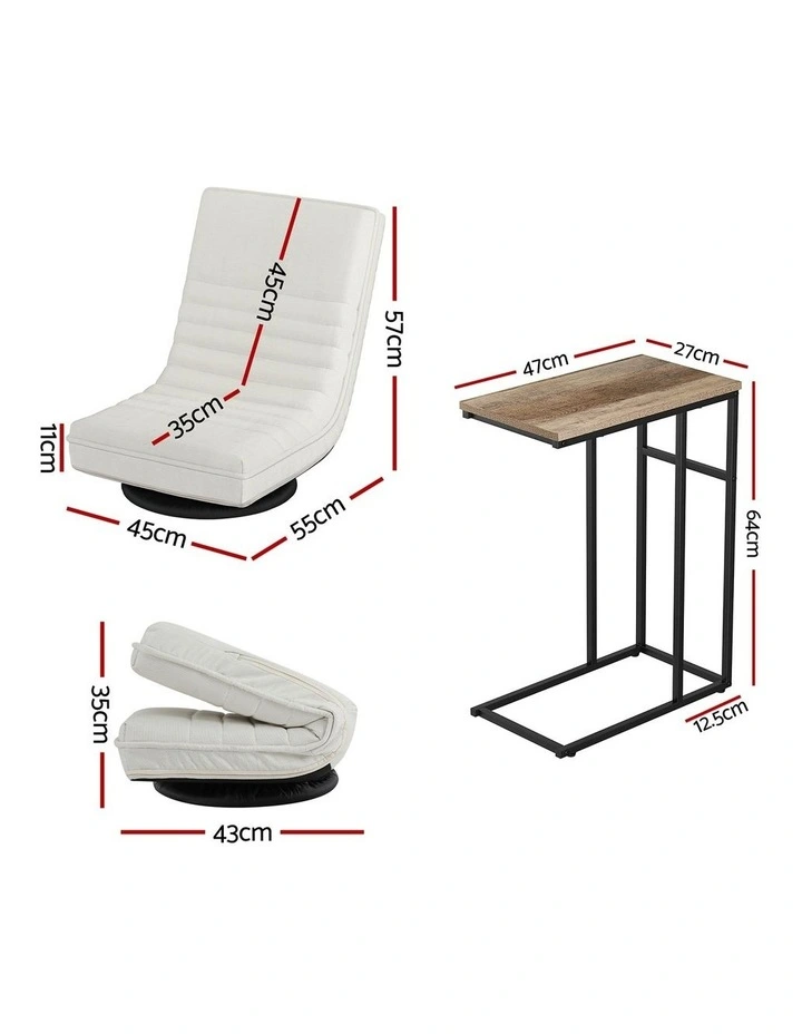 Artiss Floor Lounge Sofa Chair & C-Shaped Side Table Set White Walnut image 2