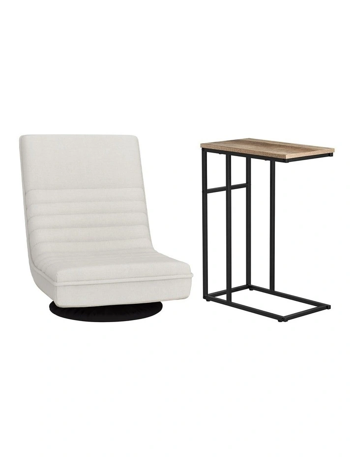 Artiss Floor Lounge Sofa Chair & C-Shaped Side Table Set White Walnut image 3