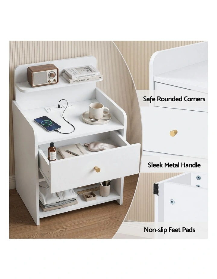 Artiss Bedside Table Drawer Charging Station White image 5