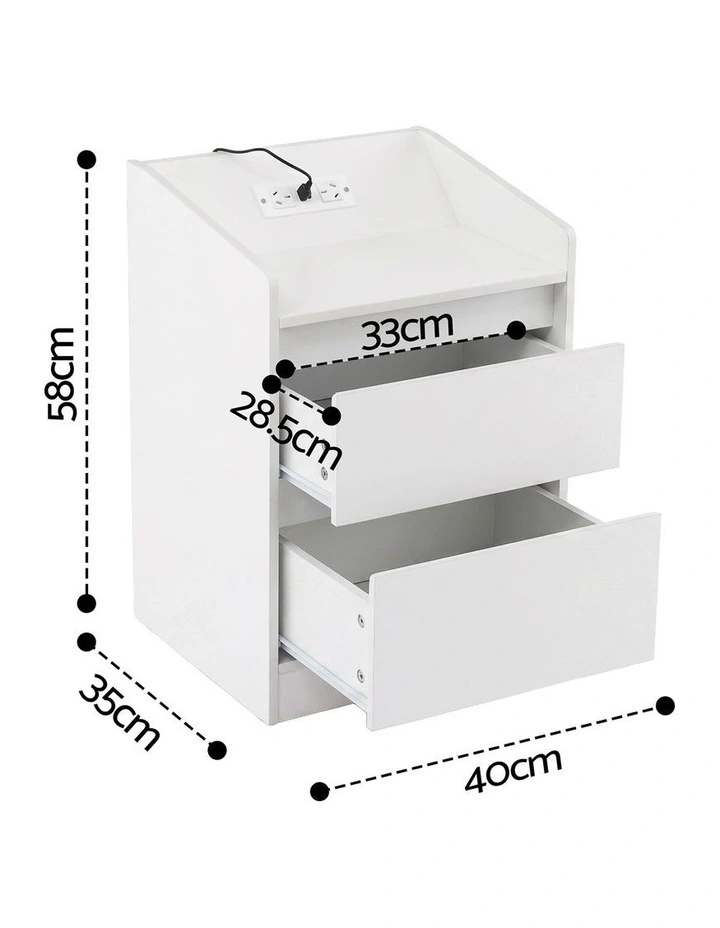 Artiss Bedside Table Nightstand with Charging Station 2 Drawers LED White image 2