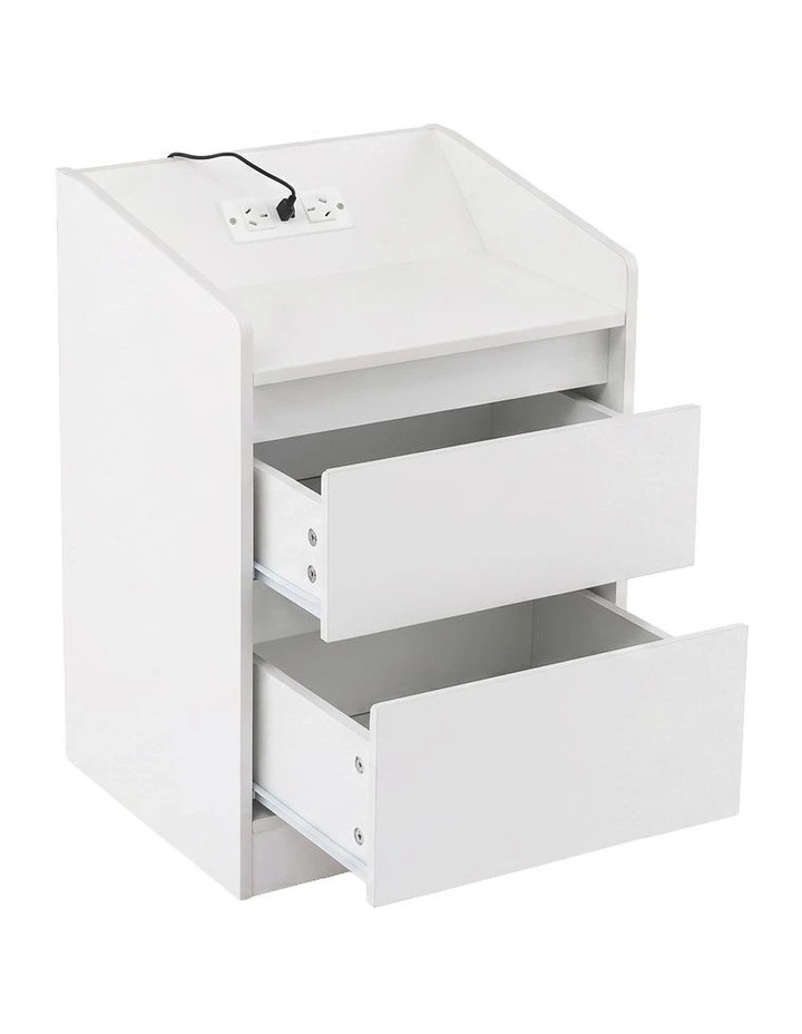 Artiss Bedside Table Nightstand with Charging Station 2 Drawers LED White image 3