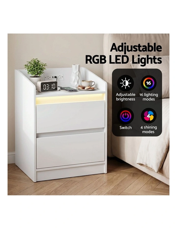 Artiss Bedside Table Nightstand with Charging Station 2 Drawers LED White image 4