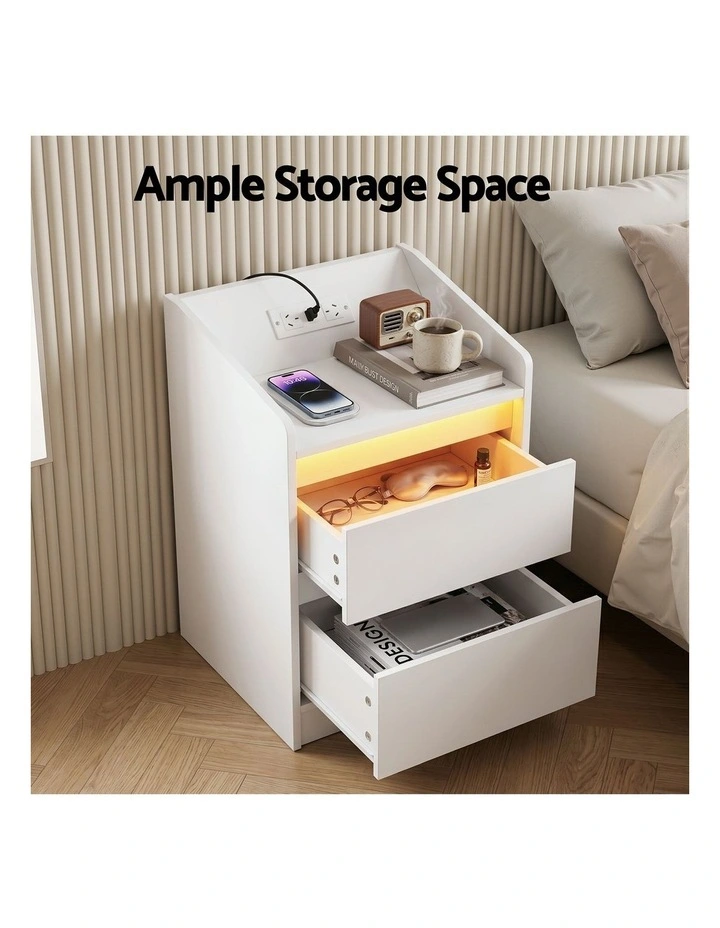 Artiss Bedside Table Nightstand with Charging Station 2 Drawers LED White image 5