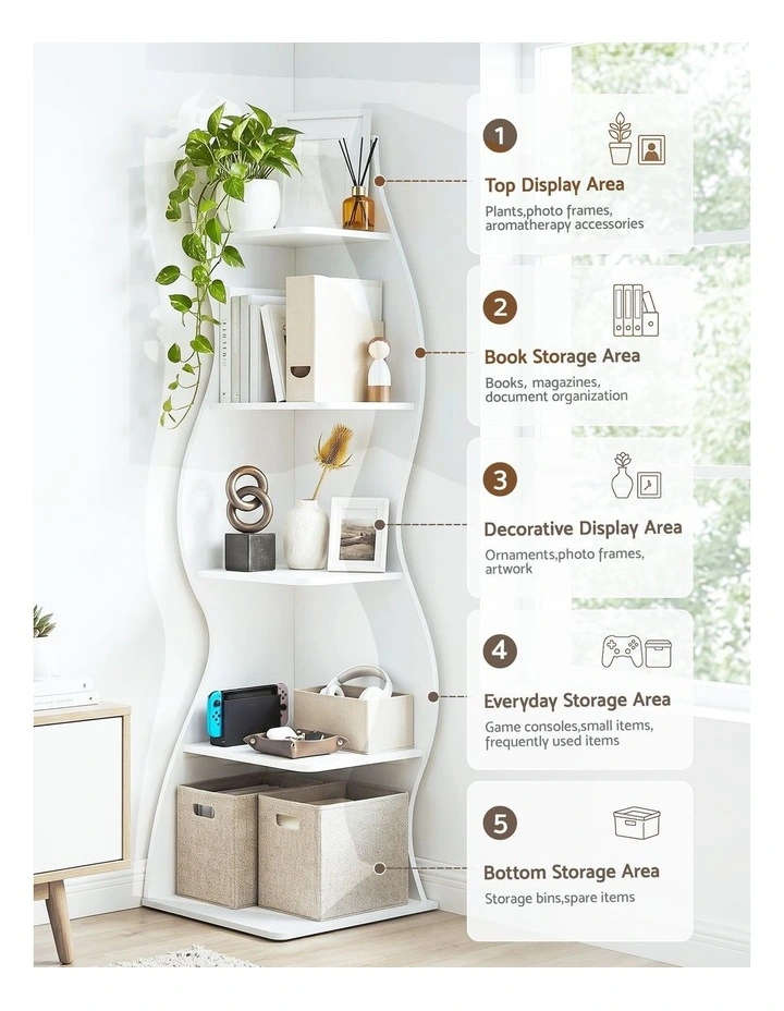 Artiss 5-Tier Bookshelf Corner Shelf S-shaped Storage Rack White image 4