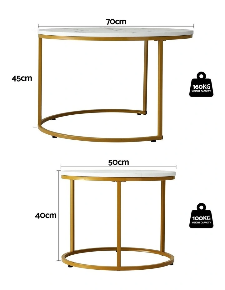 Artiss Nesting Coffee Table Set of 2 Round Marble Effect 70/50cm White & Gold image 2