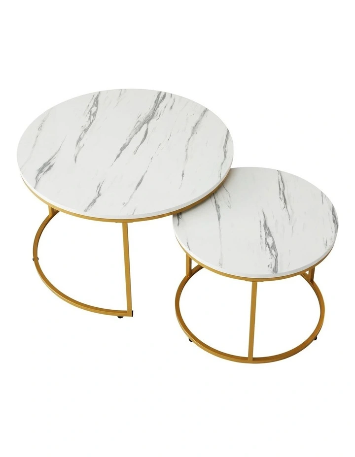 Artiss Nesting Coffee Table Set of 2 Round Marble Effect 70/50cm White & Gold image 3