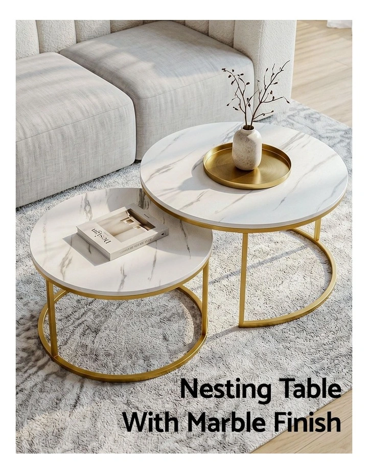 Artiss Nesting Coffee Table Set of 2 Round Marble Effect 70/50cm White & Gold image 4