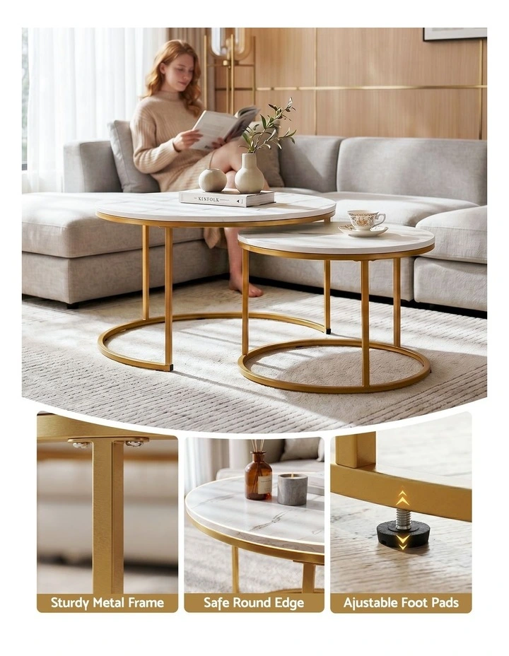 Artiss Nesting Coffee Table Set of 2 Round Marble Effect 70/50cm White & Gold image 5