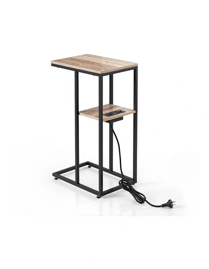 Artiss C-Shaped End Table Charging Station 2-Tier Side Coffee Table Bedside Wood image 1