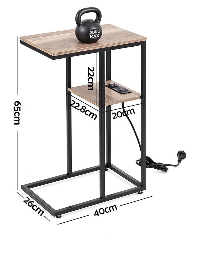 Artiss C-Shaped End Table Charging Station 2-Tier Side Coffee Table Bedside Wood image 2