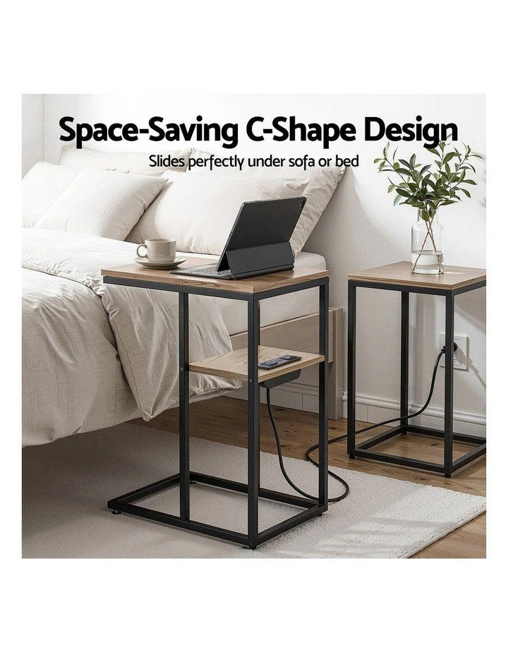 Artiss C-Shaped End Table Charging Station 2-Tier Side Coffee Table Bedside Wood image 4