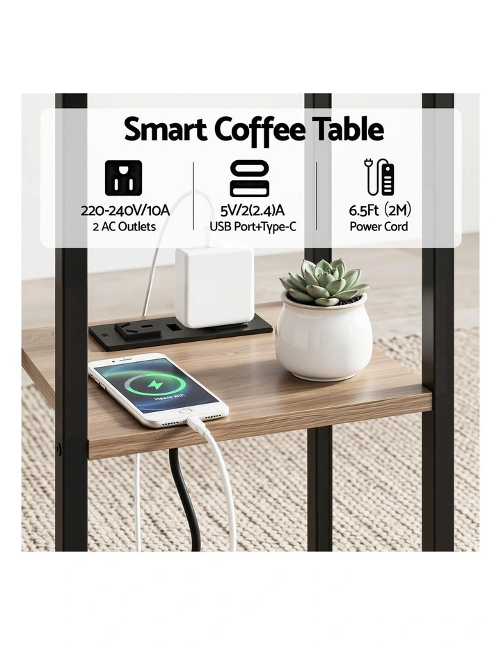 Artiss C-Shaped End Table Charging Station 2-Tier Side Coffee Table Bedside Wood image 5