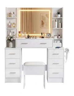 Dressing Table Vanity Desk Set Stool LED Charging Station in White