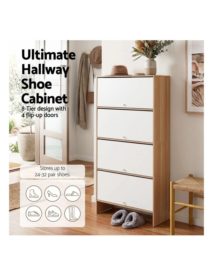 Artiss Narrow Shoe Cabinet Adjustable Shelves Flip-up Door White & Pine image 4