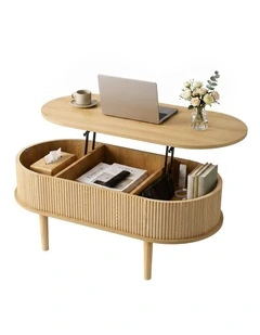 Artiss Lift Top Coffee Table Fluted Centre Table with Hidden Storage Oval 100cm