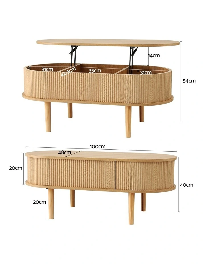 Artiss Lift Top Coffee Table Fluted Centre Table with Hidden Storage Oval 100cm image 2