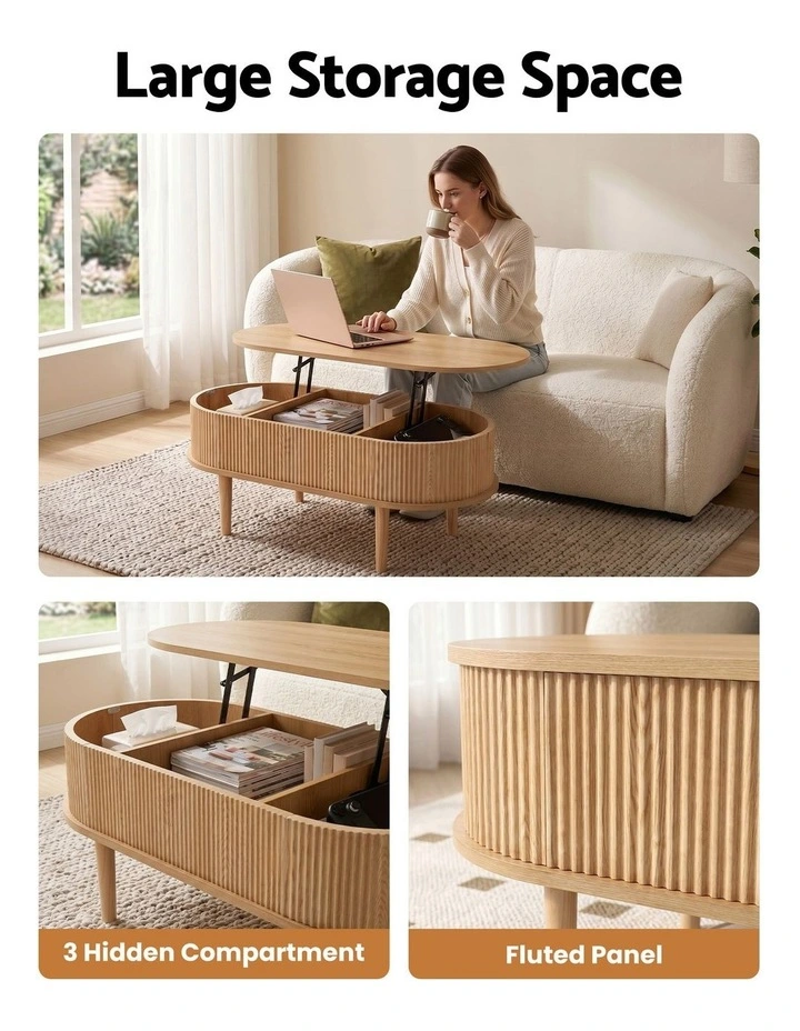Artiss Lift Top Coffee Table Fluted Centre Table with Hidden Storage Oval 100cm image 4