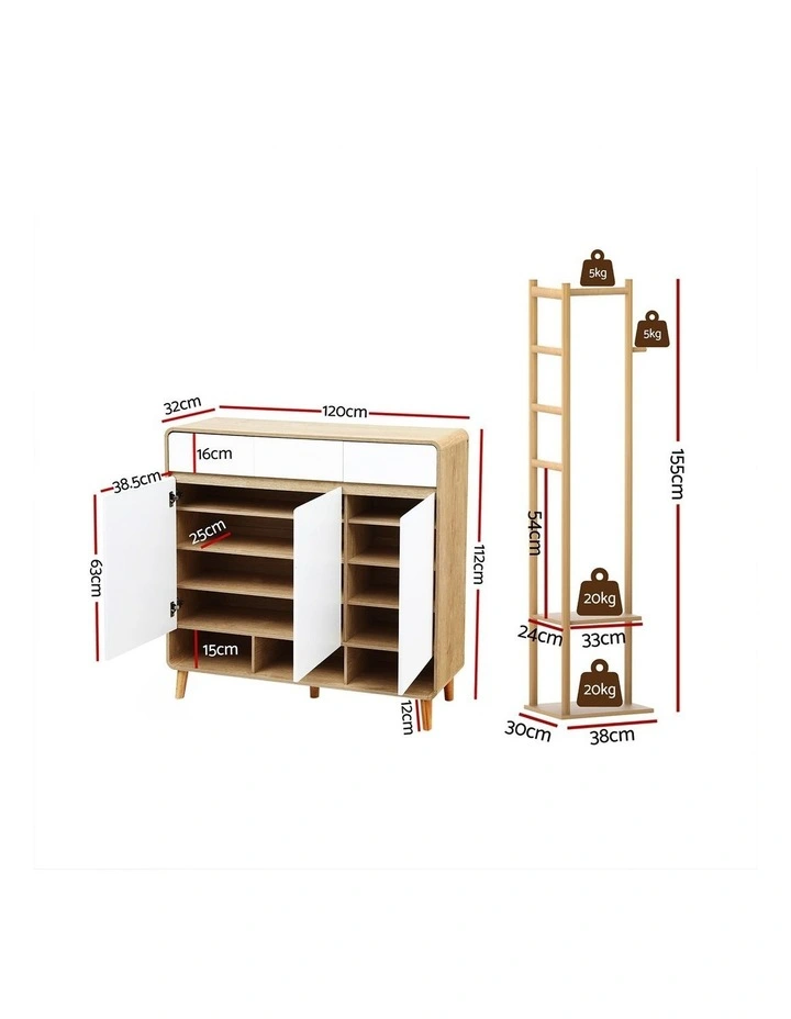 Artiss Shoe Rack Cabinet Wooden & Bamboo Clothes Rack Set Storage Shelf White Pine image 2