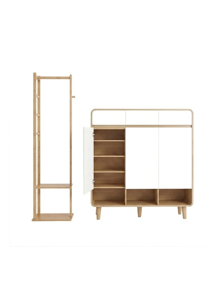 Artiss Shoe Rack Cabinet Wooden & Bamboo Clothes Rack Set Storage Shelf White Pine image 3