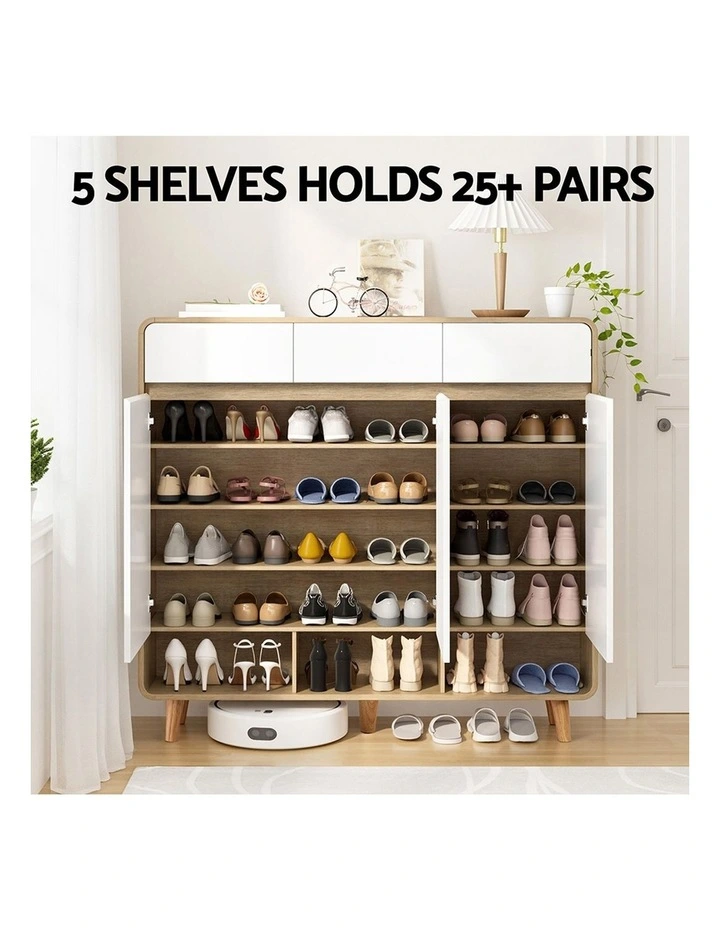 Artiss Shoe Rack Cabinet Wooden & Bamboo Clothes Rack Set Storage Shelf White Pine image 4
