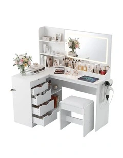 Artiss Dressing Table Corner Vanity Desk Set Stool LED Charging Station White