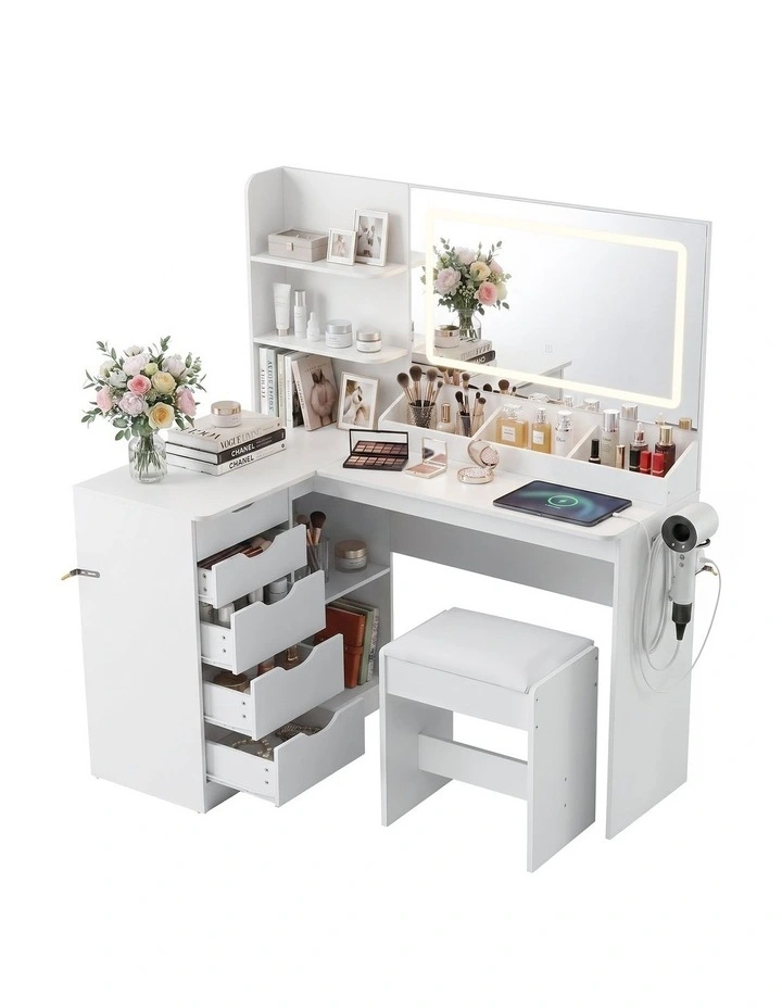 Artiss Dressing Table Corner Vanity Desk Set Stool LED Charging Station White image 1