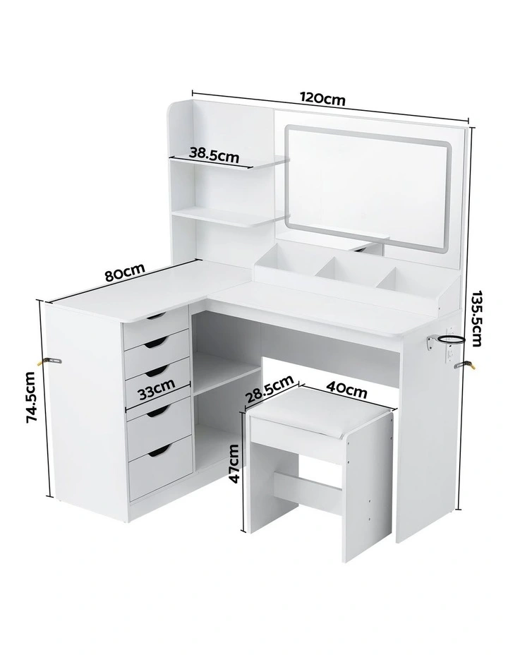 Artiss Dressing Table Corner Vanity Desk Set Stool LED Charging Station White image 2