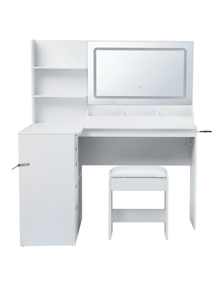 Artiss Dressing Table Corner Vanity Desk Set Stool LED Charging Station White image 3