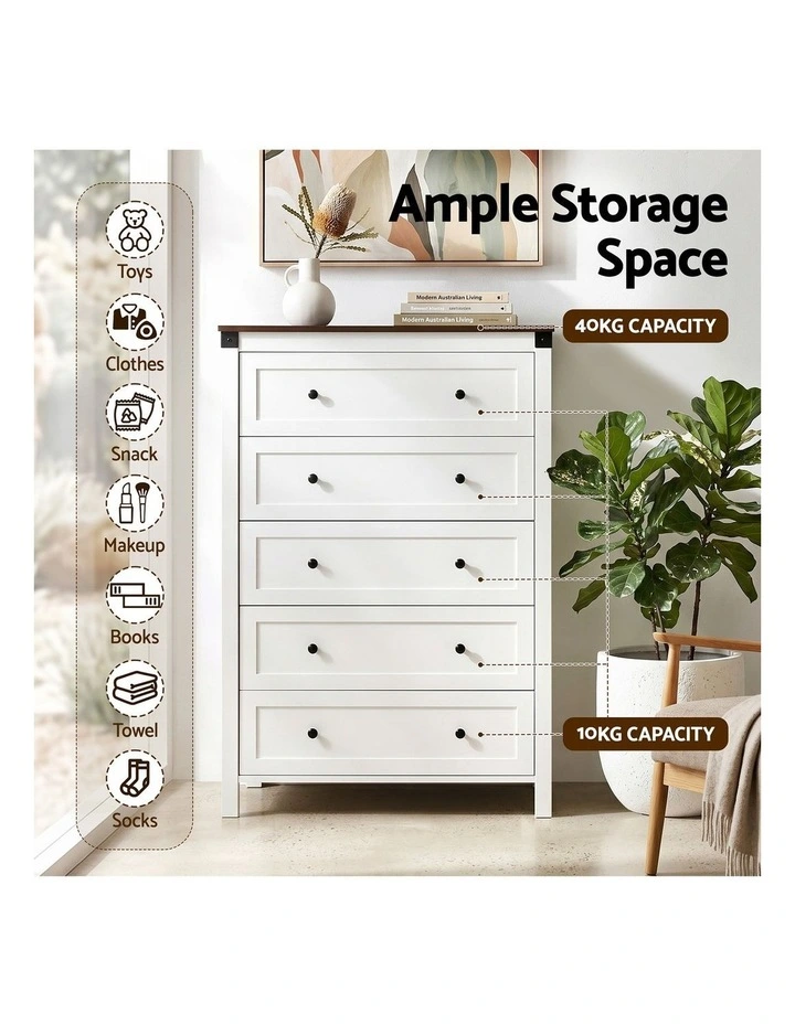 Artiss 5 Chest of Drawers Storage Tallboy White & Walnut image 4