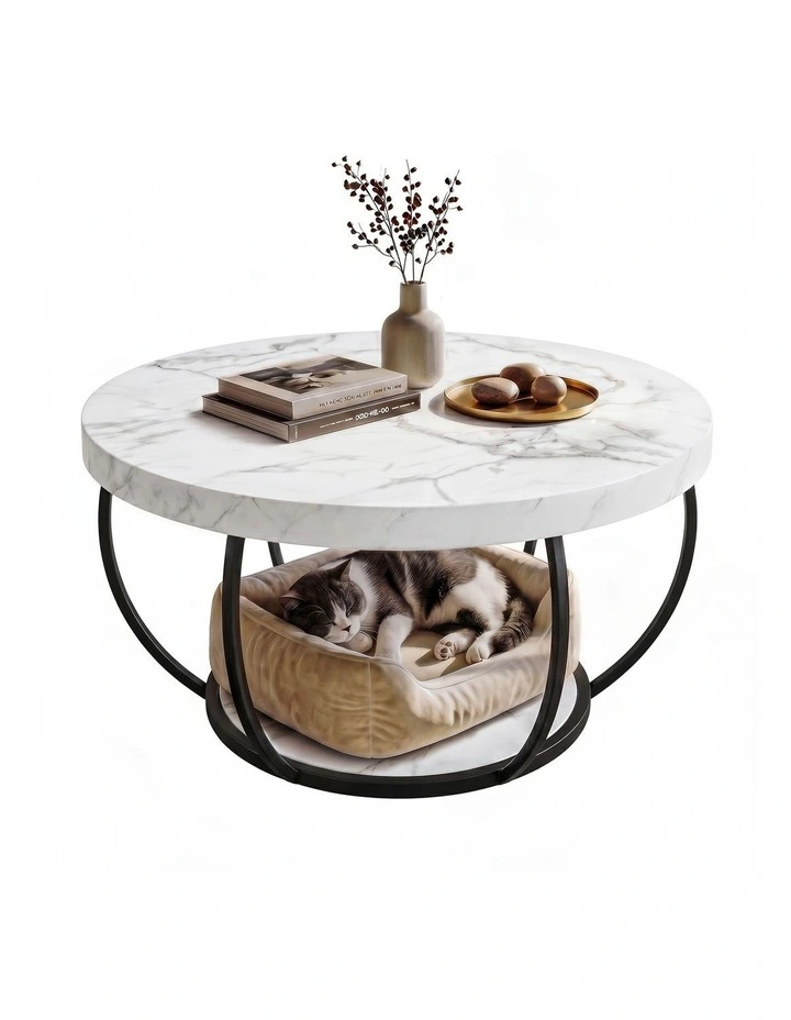 Artiss Coffee Table 2-Tier Marble Finish Round White&Black image 1
